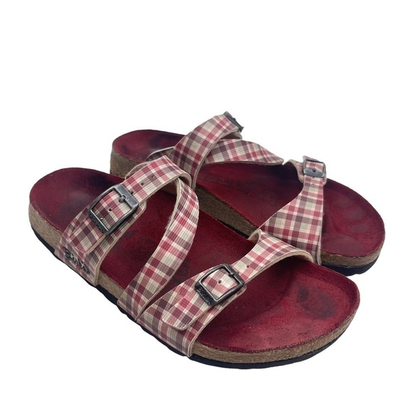 𝅺Birki’s Birkenstock Red Plaid Print Slide Sandals Women’s Size EU 37 US 6 - Picture 2 of 11